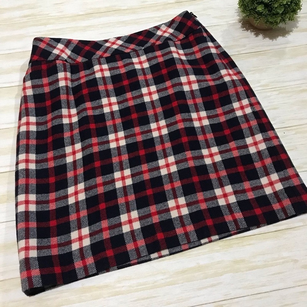 Talbots Red Blue Cream Plaid Tartan Wool Pencil Skirt Women's Size 10